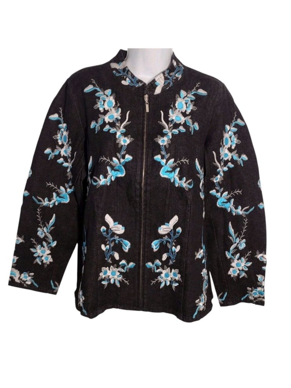 Vintage Denim & Co Embroidered Floral Full Zip Denim Jacket S Artsy Asian